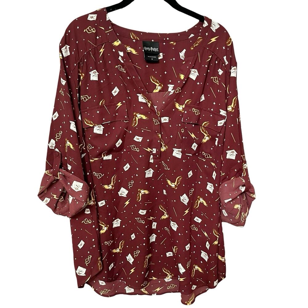 Torrid Harry Potter Harper Shirt 3X Georgette Roll Tab Sleeve Red Academia Fall